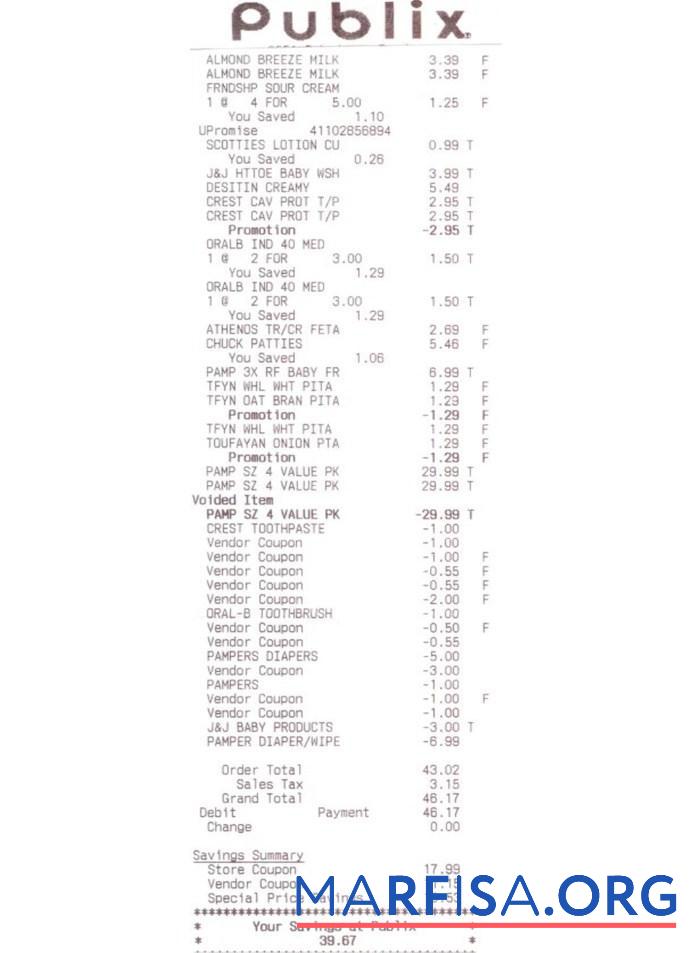 Blank Publix supermarket receipt sample